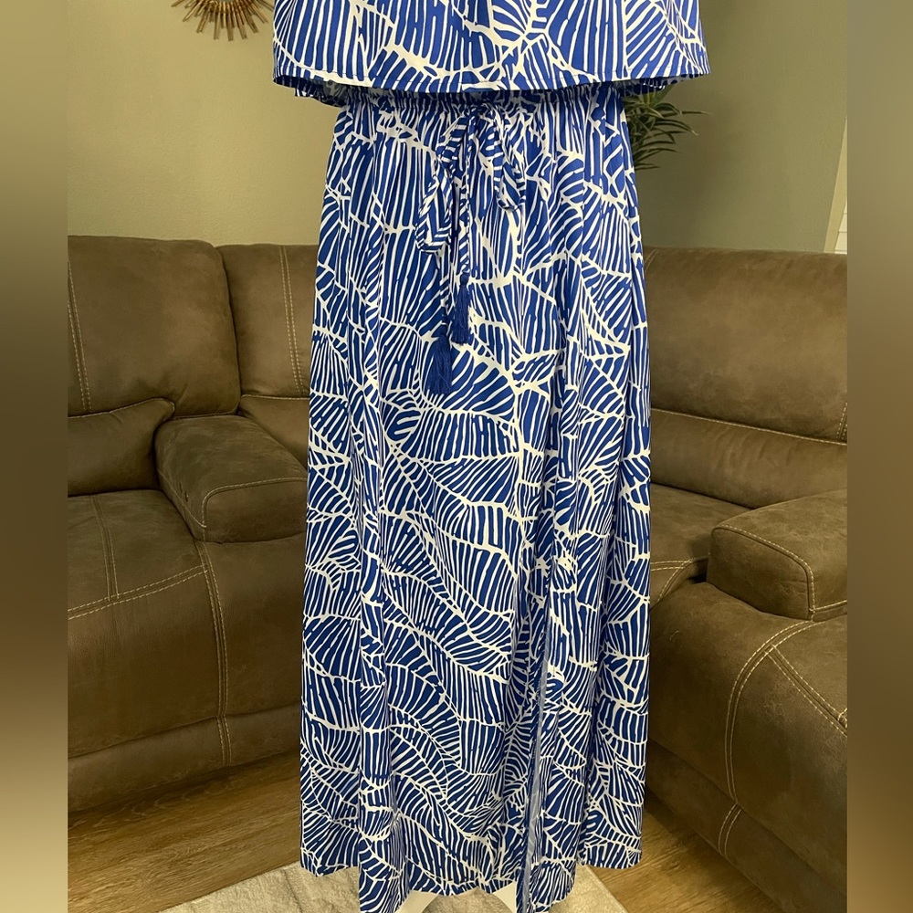 Blue & White Print Strapless Flowy Maxi Dress Sz L Large - Picture 6 of 12